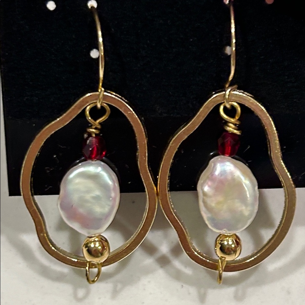 Fresh Water Elegant Pearls Gold and Red Dangle Earrings